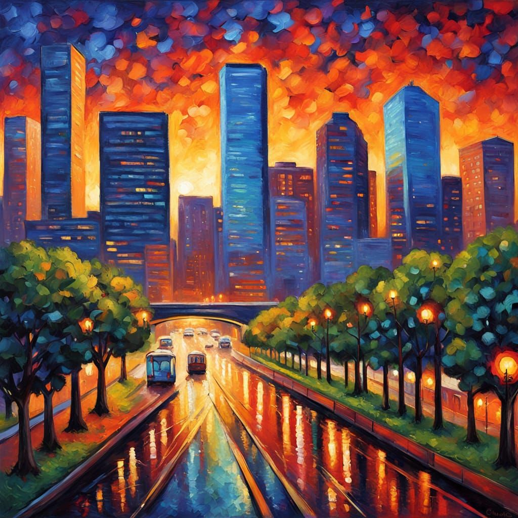 Vibrant Neo-Impressionist Houston Cityscape Oil Painting