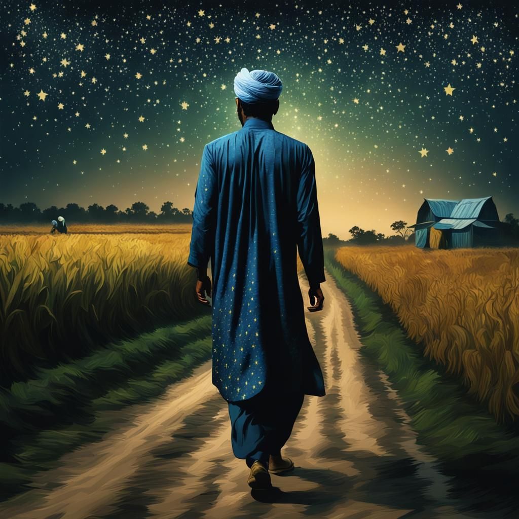 Bangladeshi Man Walks Under Starry Van Gogh Sky