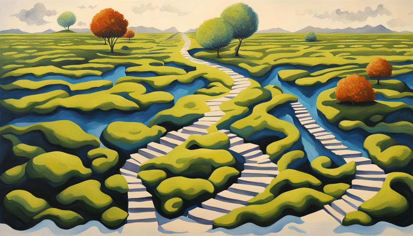 Surreal Pathways: A Detailed Gouache Painting