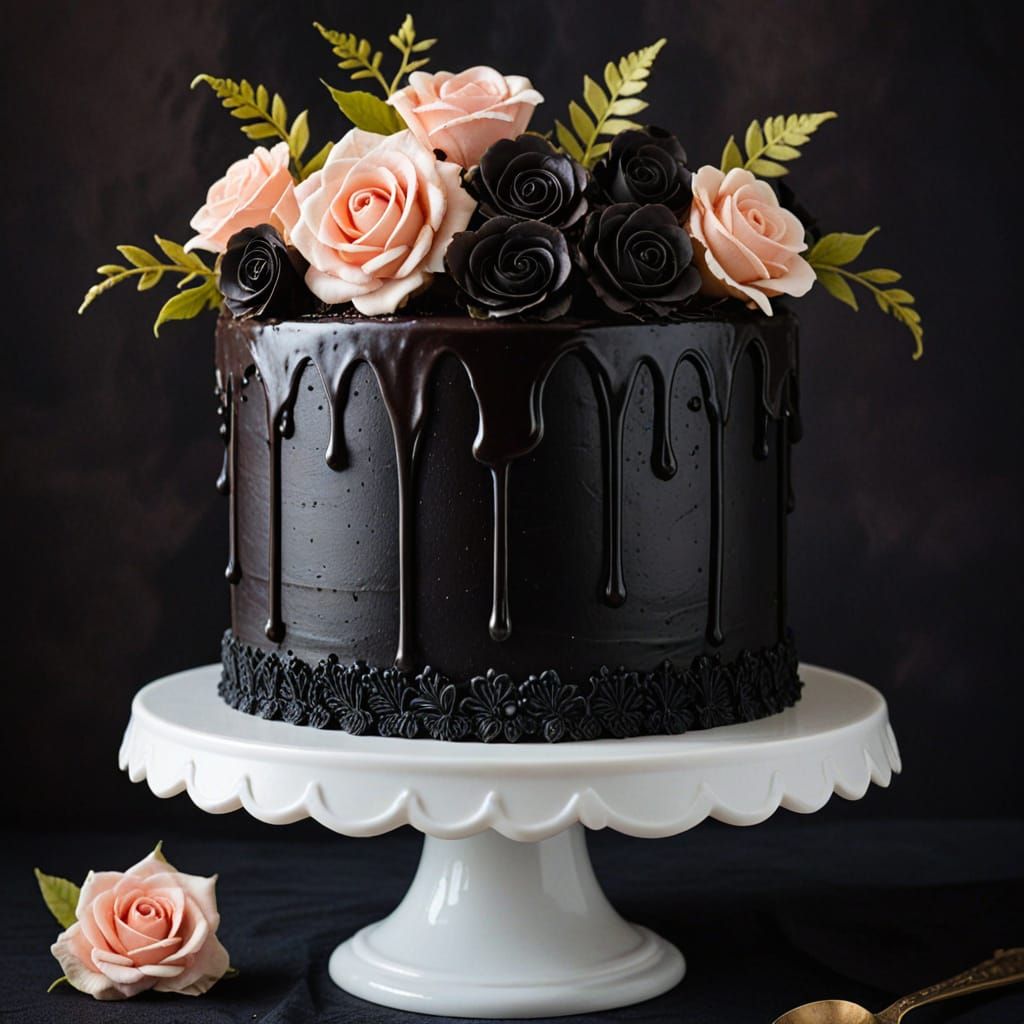 Elegant Black Layer Cake with Gothic Floral Accents