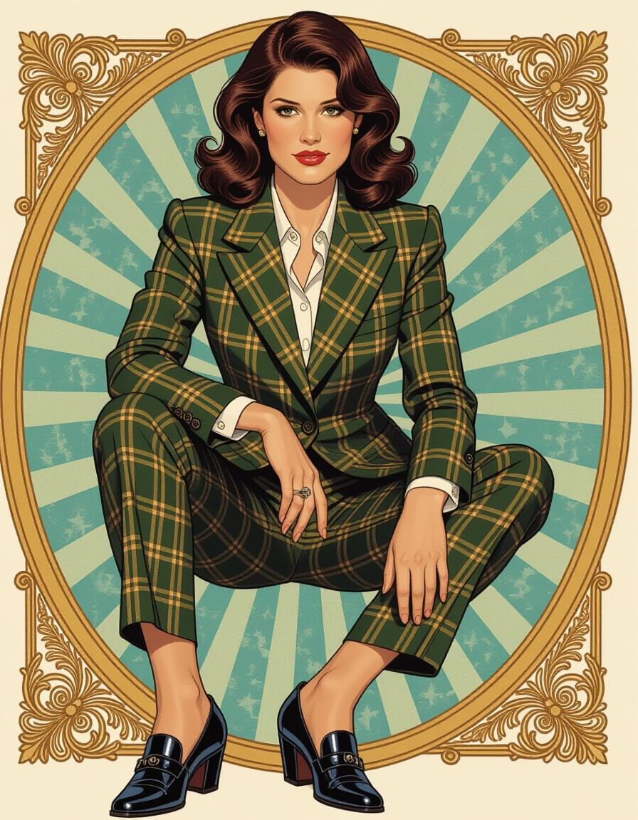 Gemma Arterton in 1950s Menswear Suit, Comic Illustration