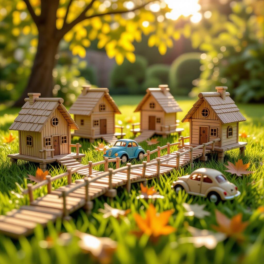 Handcrafted Whimsical Wooden Village in Warm Tones