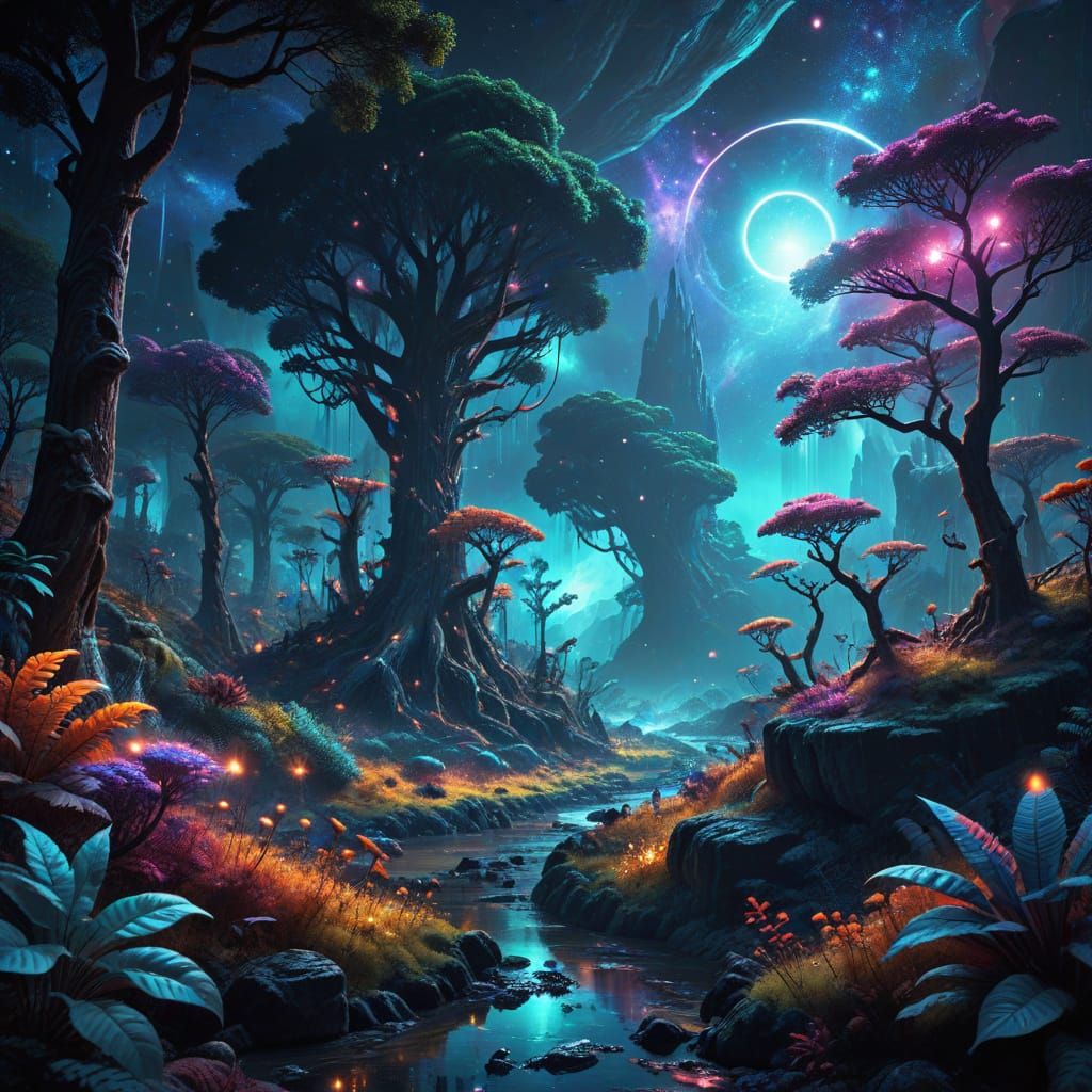 Cosmic Forest on Alien Planet 8k Holographic Illustration