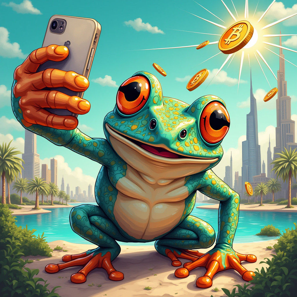 Frog Selfie in Dubai with Bitcoin, Gouache Style