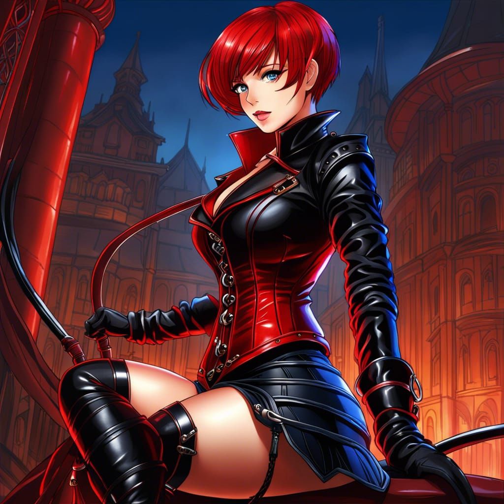 Anime Woman with Red Hair and Leather Corset