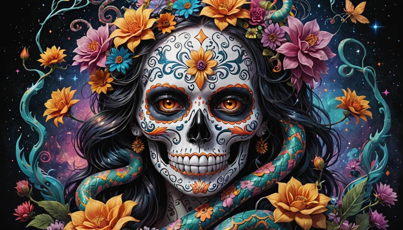 Holographic Sugar Skull with Snakes and Flowers