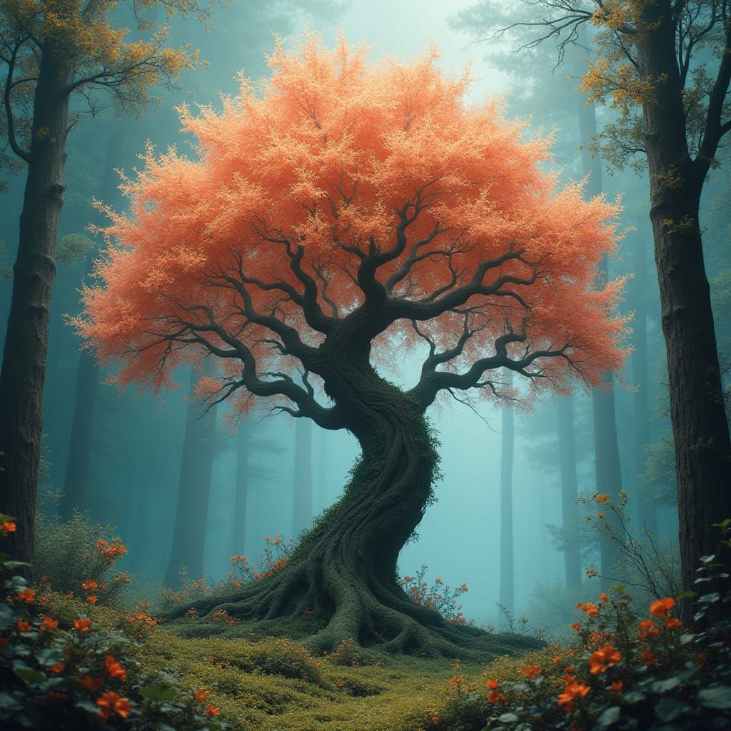 Ethereal Tree in Lush Woods, Surreal Digital Art