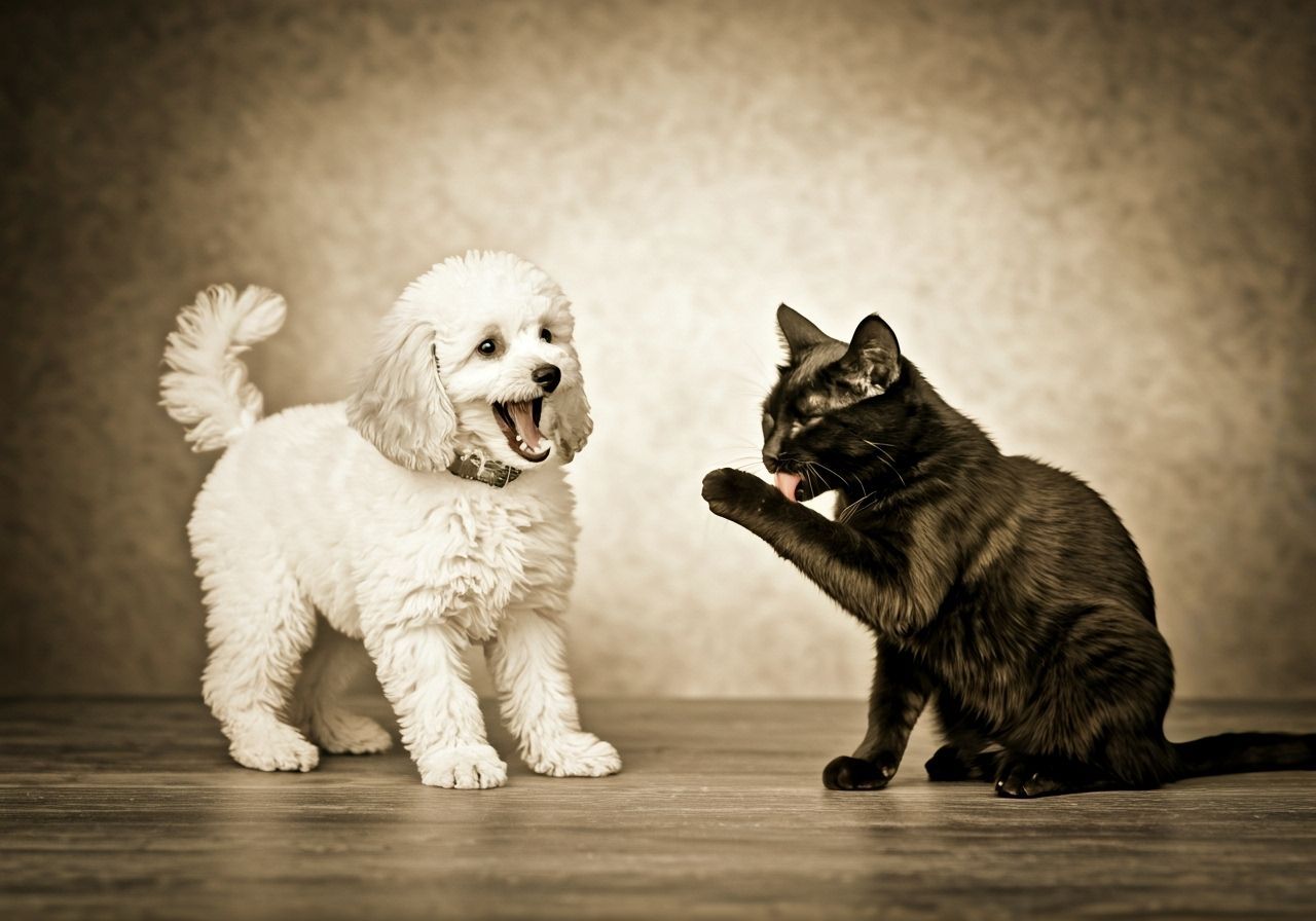 Joyful Poodle and Serene Cat in Sepia Tone