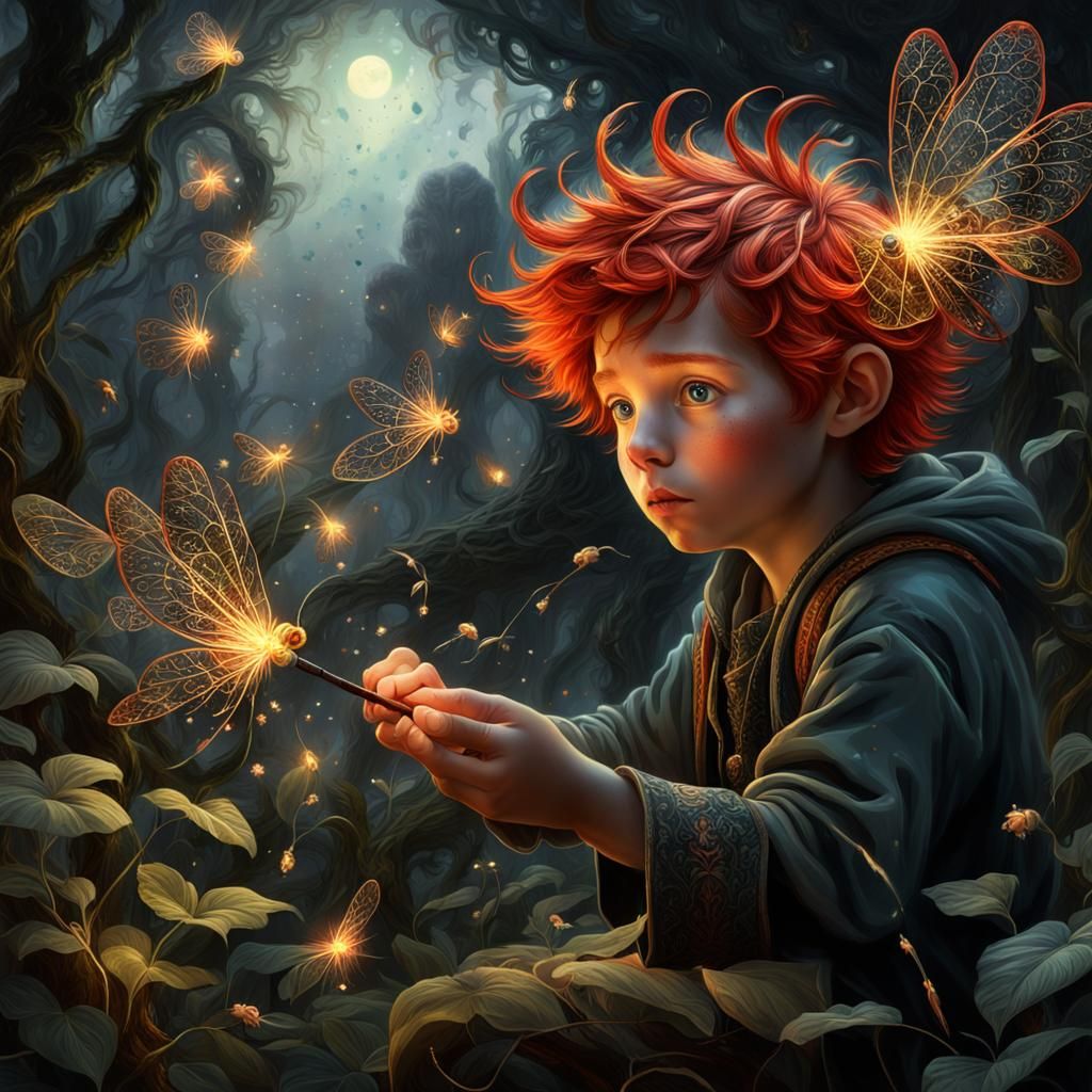 Boy Conjuring Fireflies in Mystical Night, Digital Painting