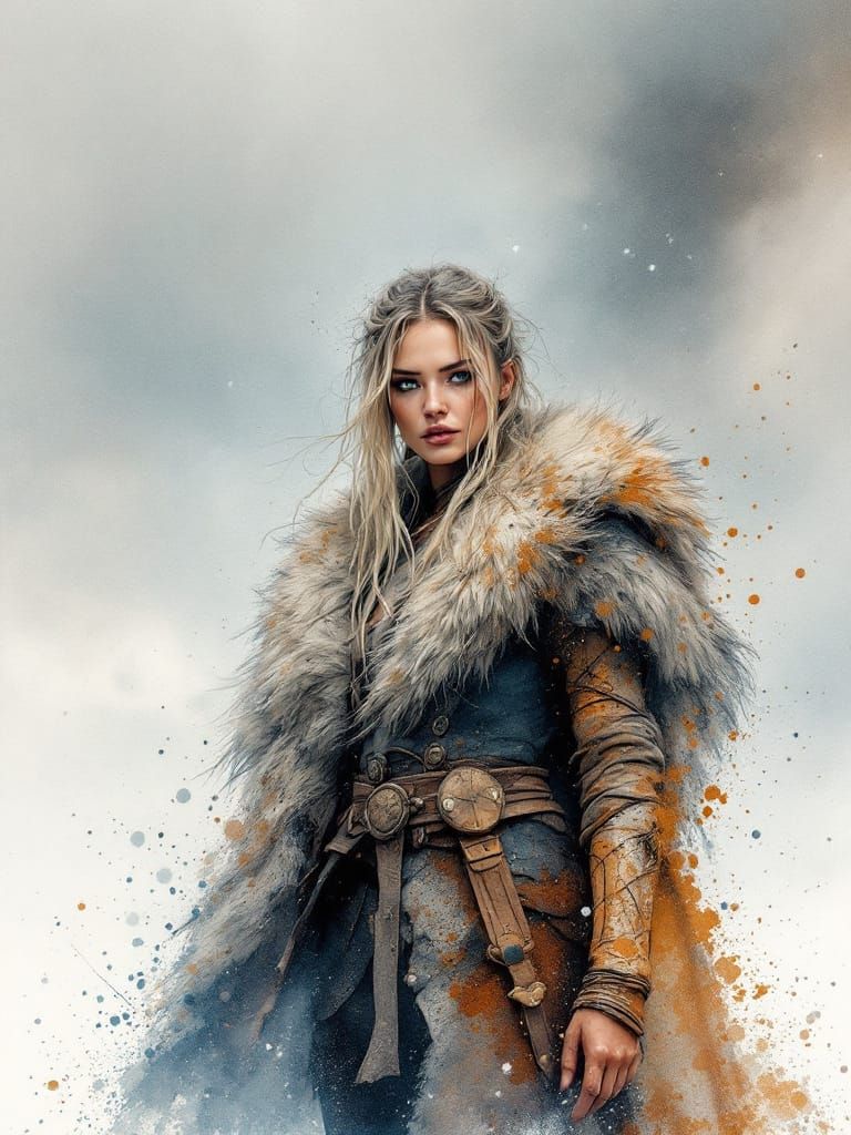 Viking Warrior Woman in Frosty Mist, Surreal Watercolor Styl...