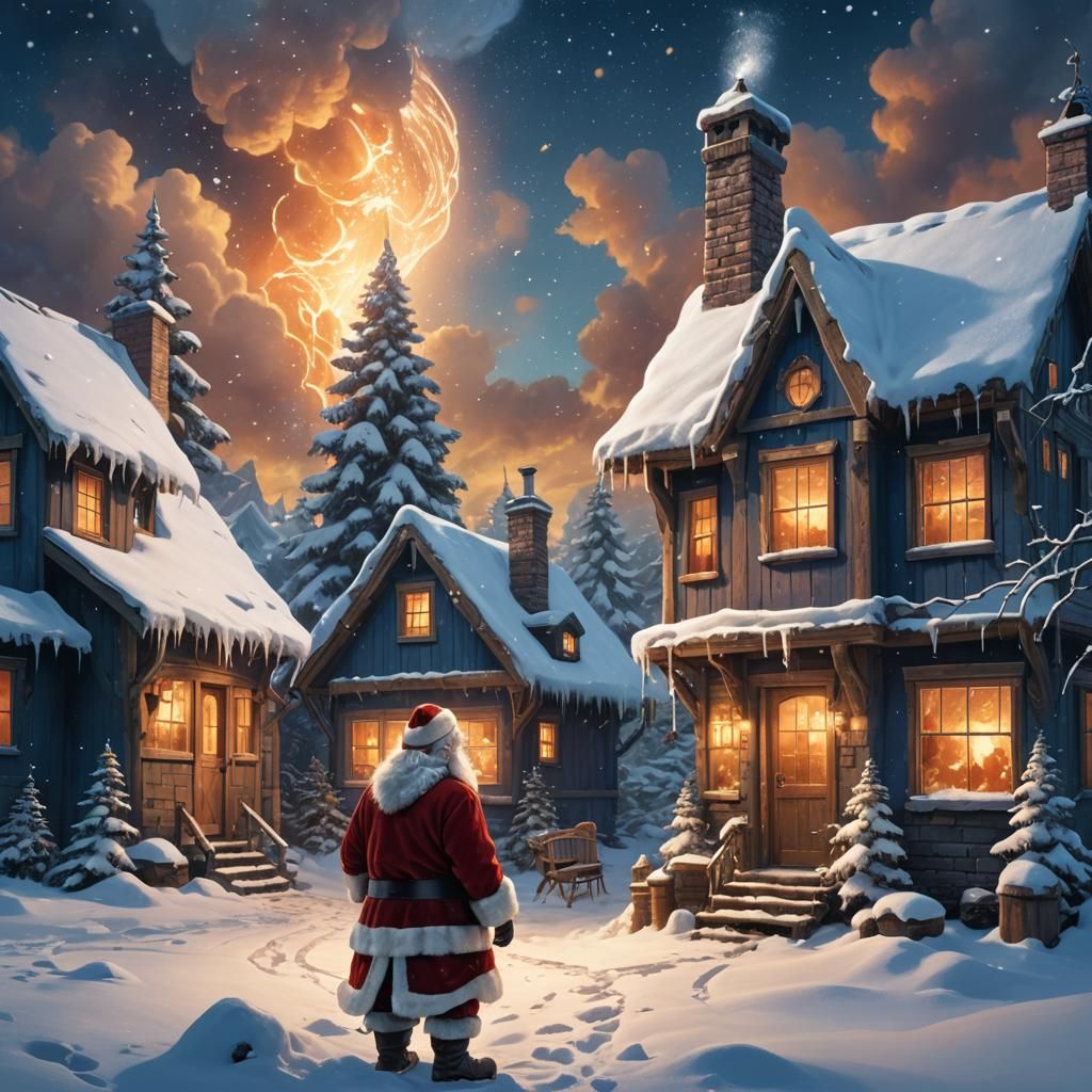 Santa Claus and Chimney in Winter Fantasy Art