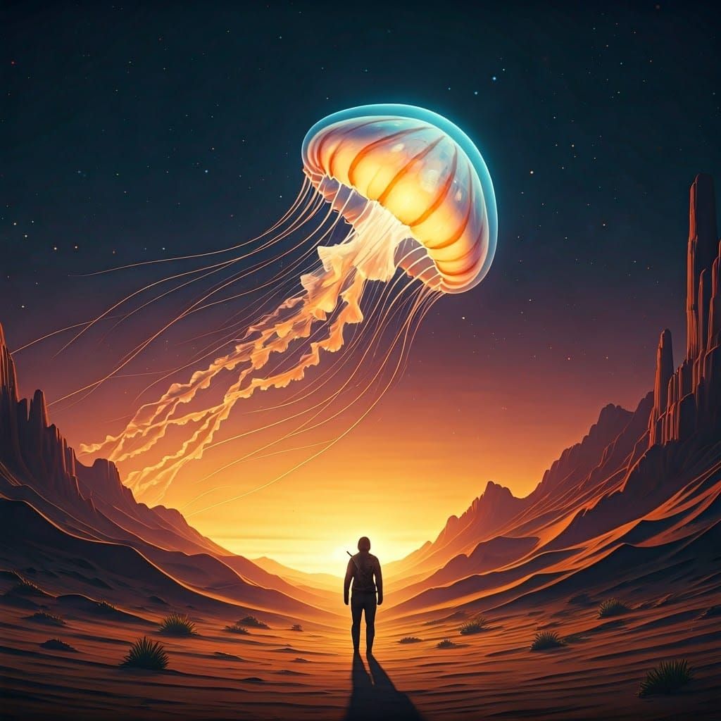 Surreal Desert Oasis Scene with Giant Jellyfish in Vibrant H...