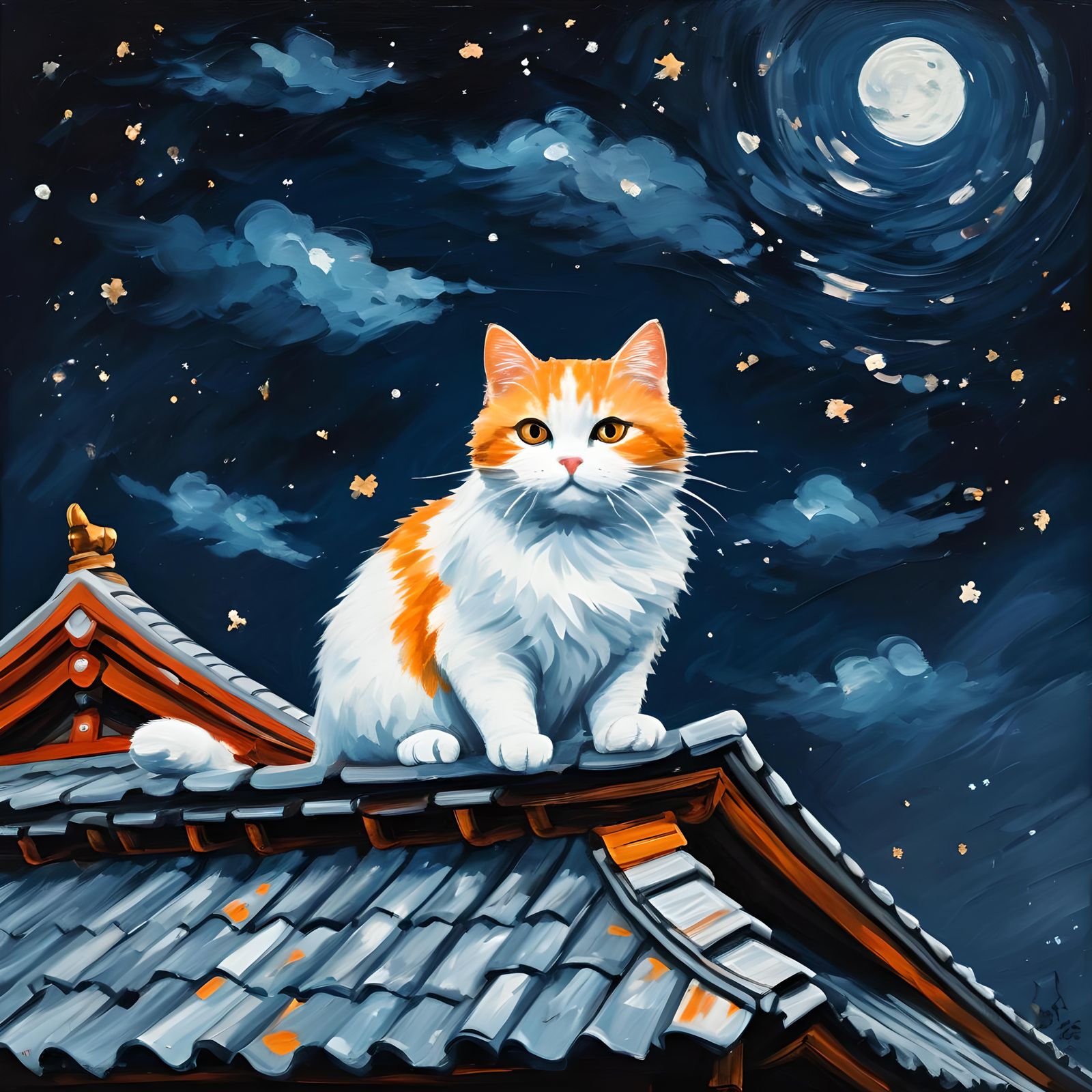 Cat on Japanese Roof as Vintage Impasto Oil Painting
