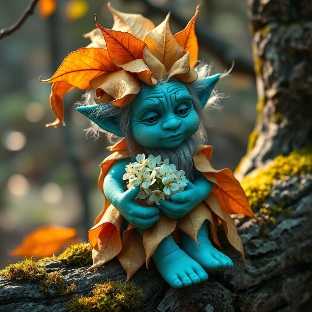 Peaceful, ethereal figure composed entirely of autumn leaves...