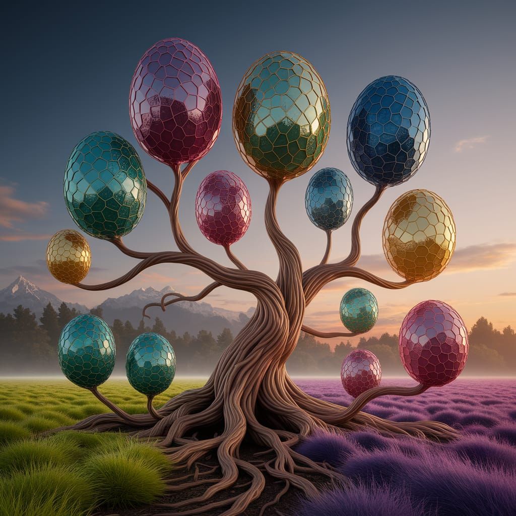 Glass Mosaic Eggs in Symbiotic Flow on Tree of Life at Sunri...