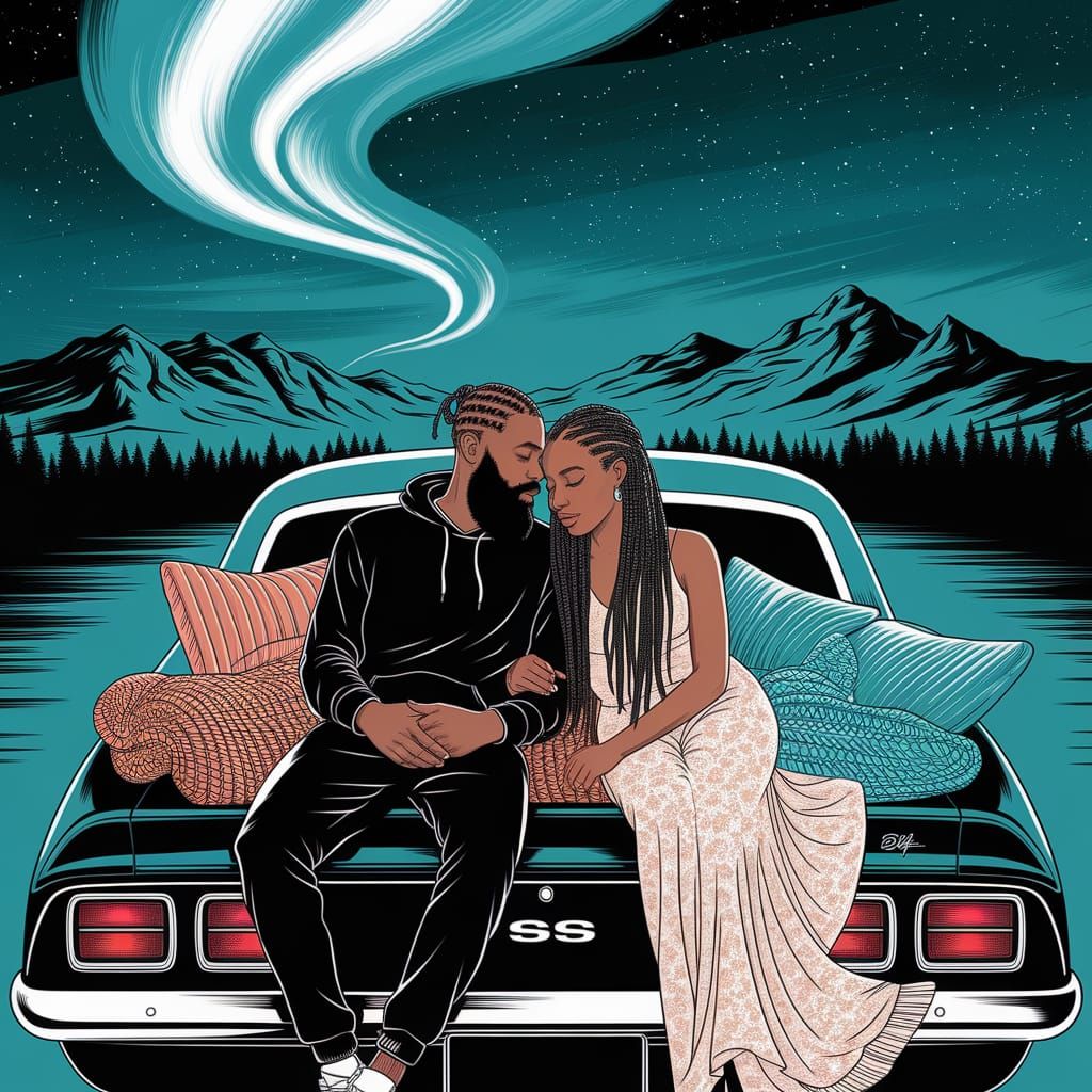 Romantic Couple Cuddling on Vintage Camaro Under Aurora