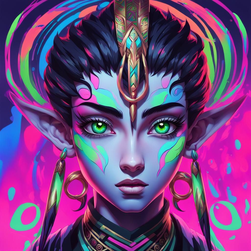 Androgynous Figure with Neon Tendrils in Anime Style