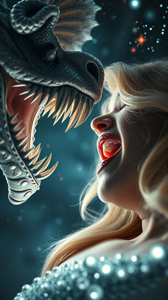 Voluptuous Woman and Dragon in Fractal Cataclysm