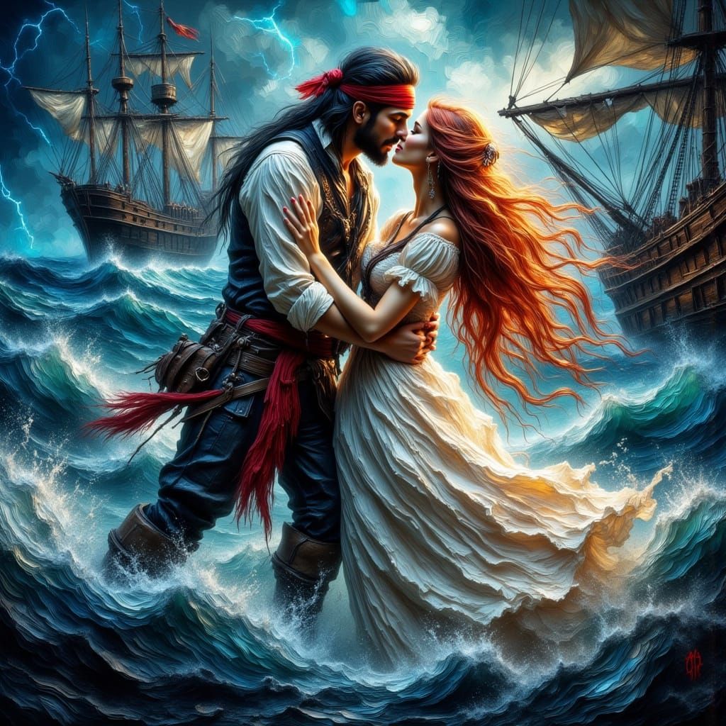 Passionate Pirate Embrace Amidst a Stormy Sea