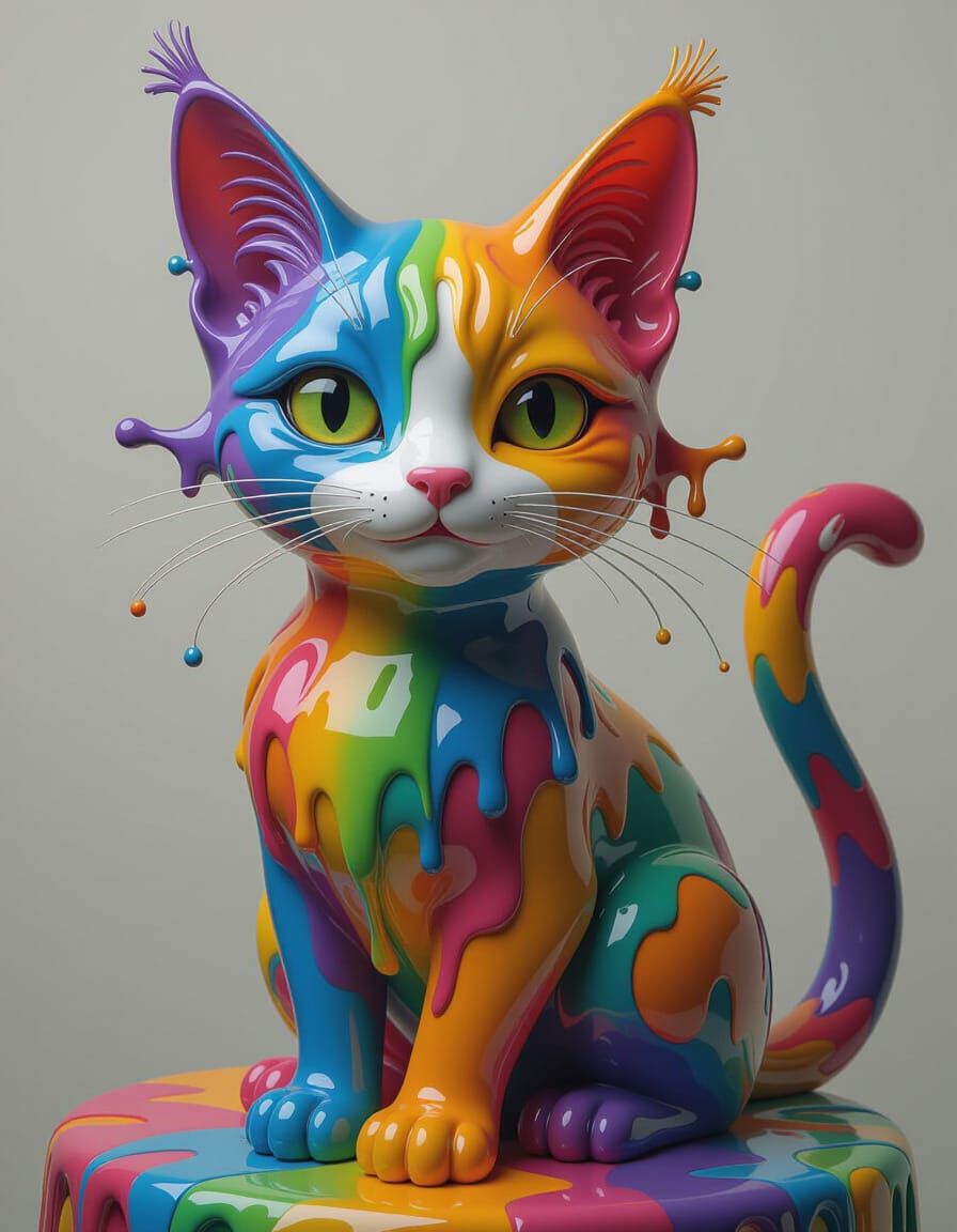 Melting Cat Sculpture in Surrealist Style