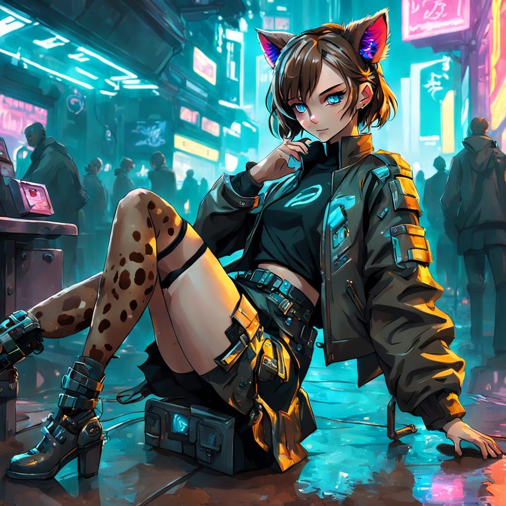 Cyberpunk Catgirl in Neon-Lit Metropolis