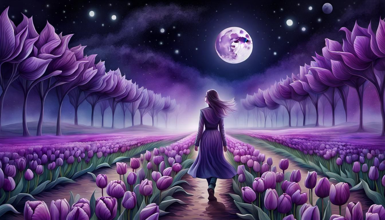 Woman in Purple Tulip Field at Night