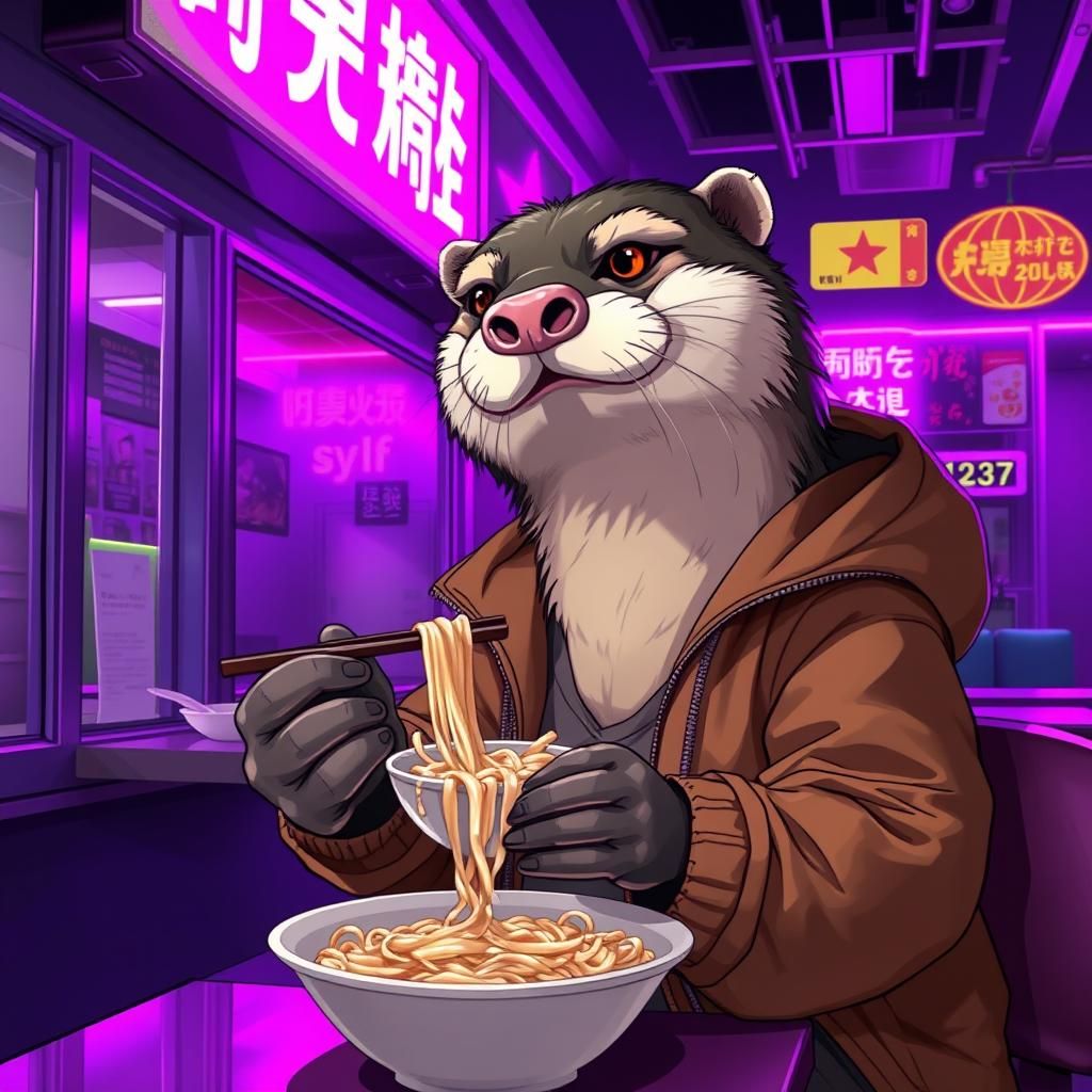 Cyberpunk Otter Enjoys Noodles in Neon Restaurant