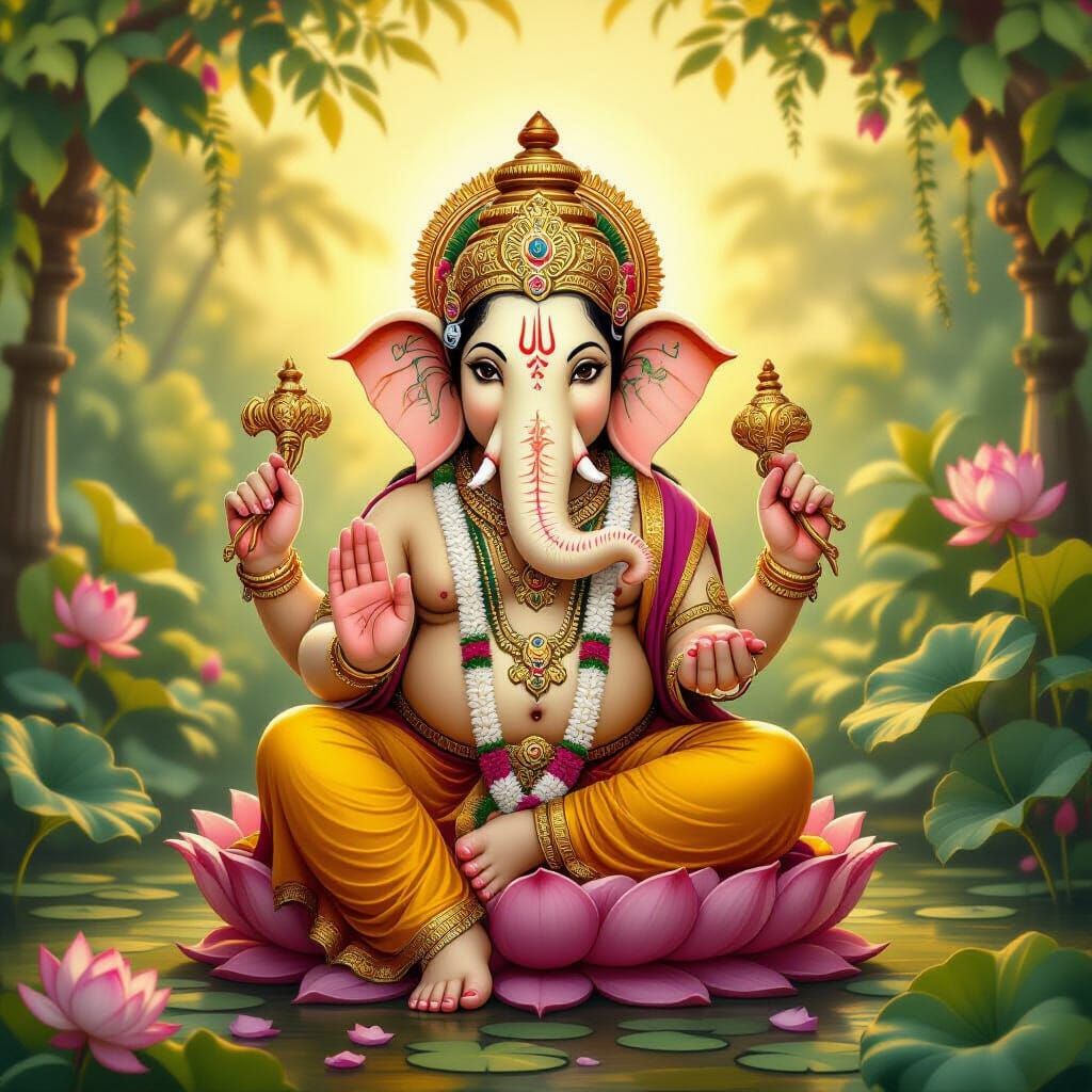 Lord Ganesha Seated on Lotus Throne in Garden