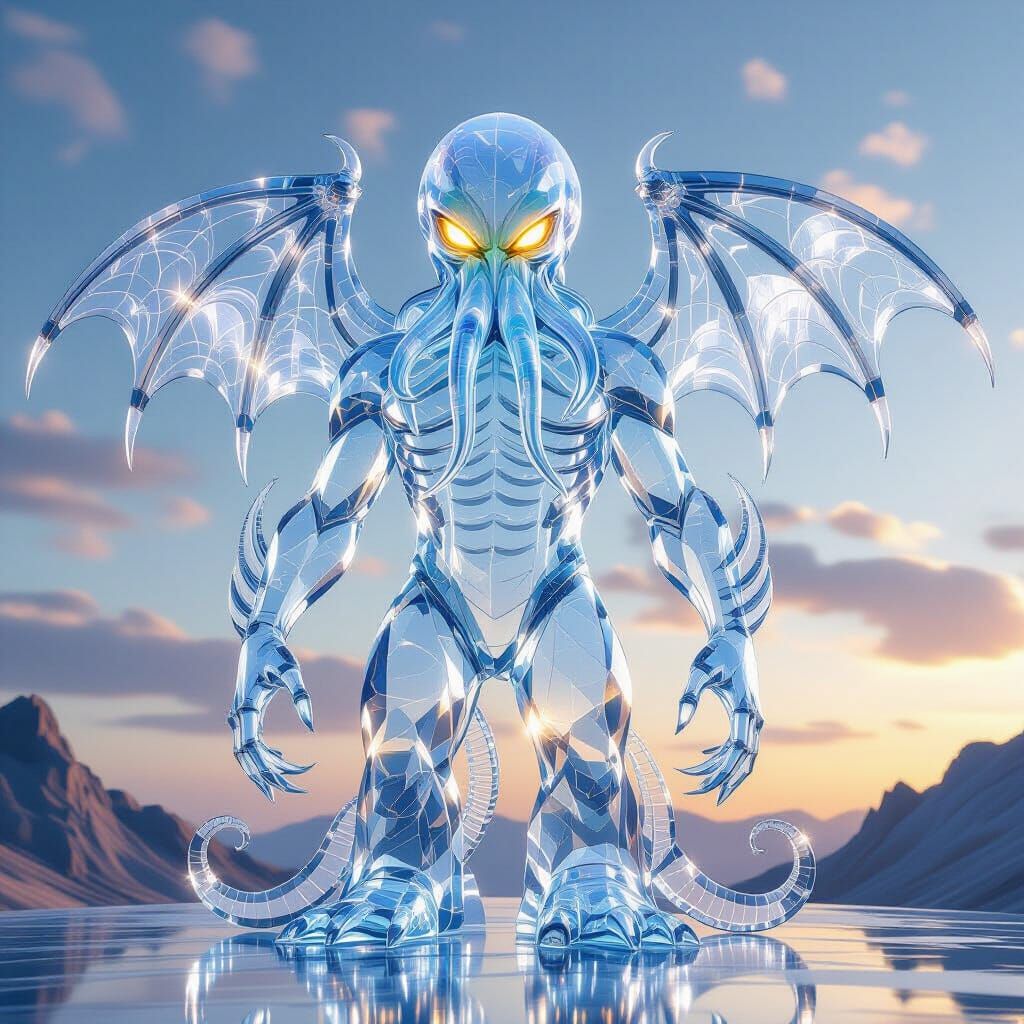 Glass Cthulhu Creature in Serene Landscape