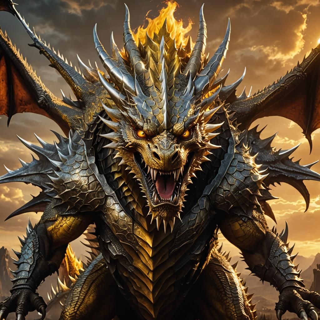 Majestic Yellow Dragon Soaring Through Fiery Sunset