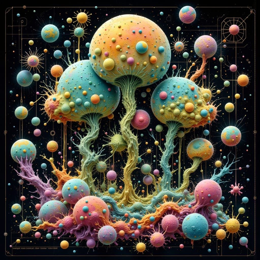 Surreal Microscopic Battle in Whimsical Fractal Style