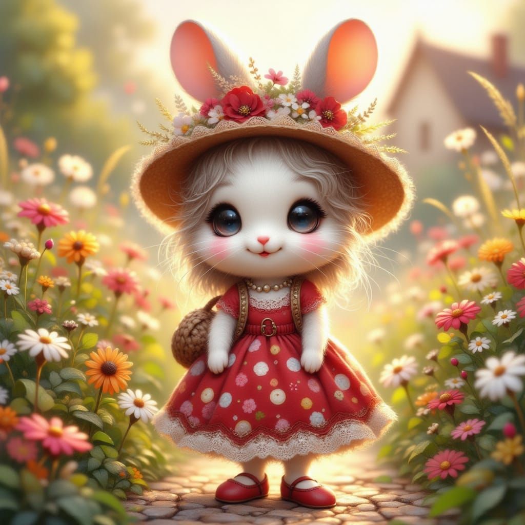 Lenci Style Felt Rabbit Girl in Sunlit Garden