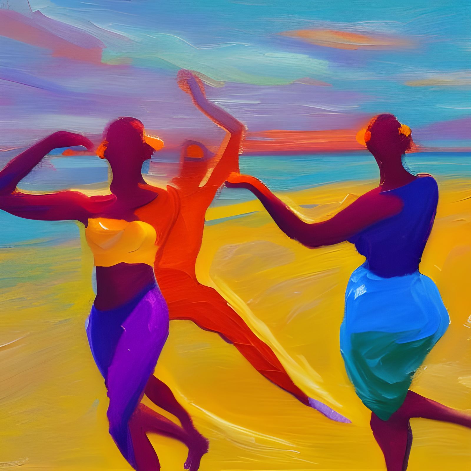 Dancers on Tropical Beach: Expressionist Oil Painting