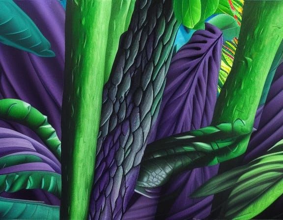 Jungle, hyperrealistic, hyperdetailed, matte painting, differentiated strong dark colors, green blue purple impasto oil ...
