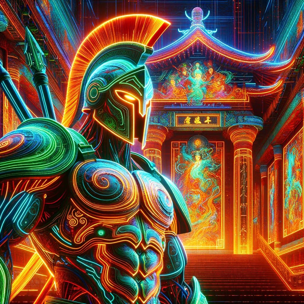 Spartan Warlord in Neon Armor Unites Ancient and Future