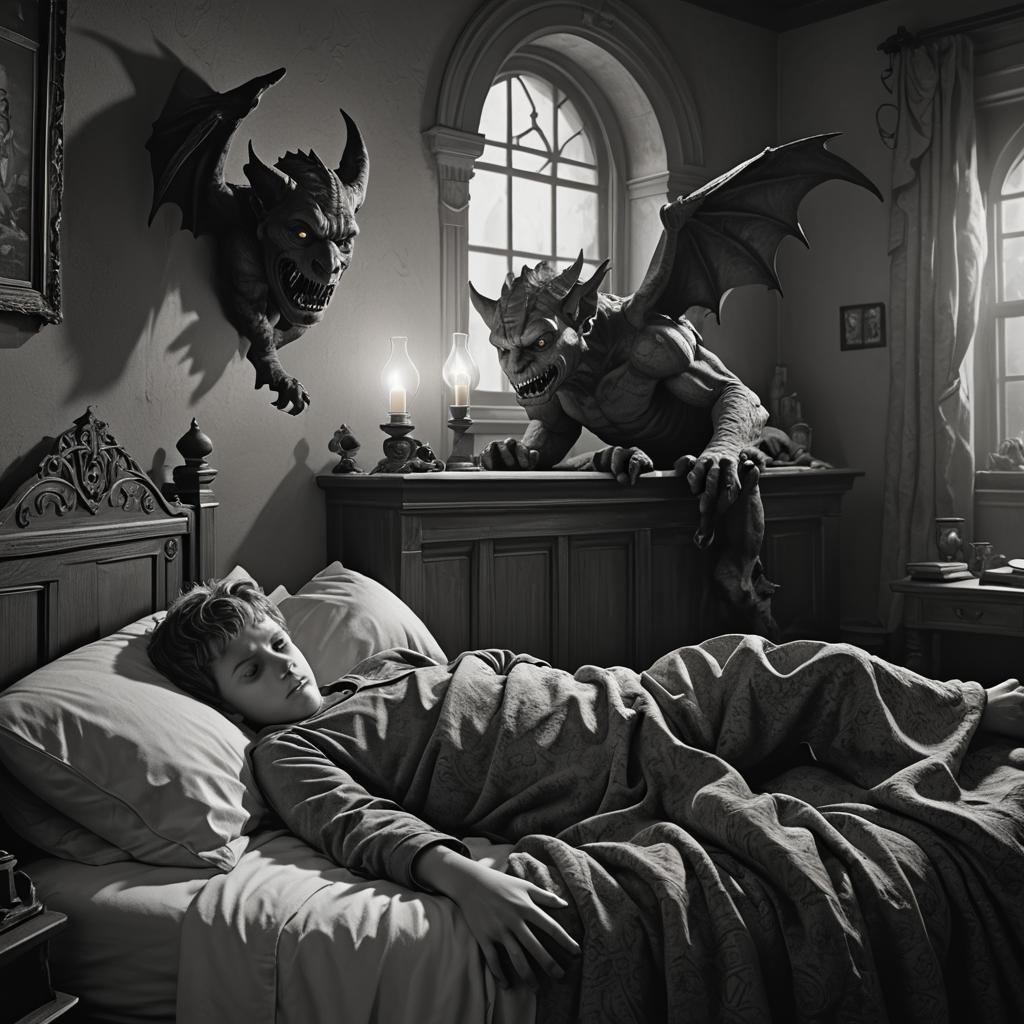Gargoyles studying a sleep boy