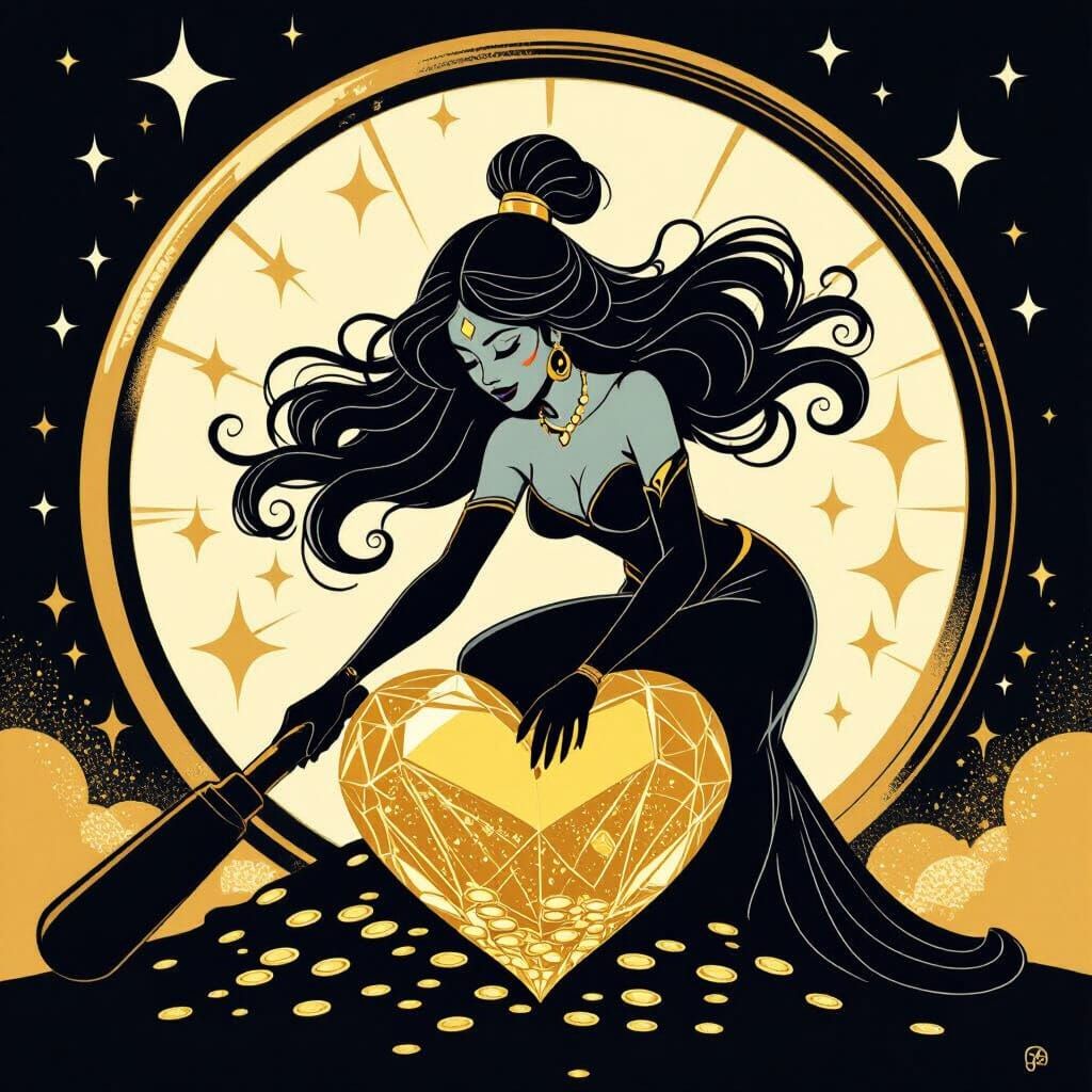 Stylized Genie Silhouette Digging for Gold