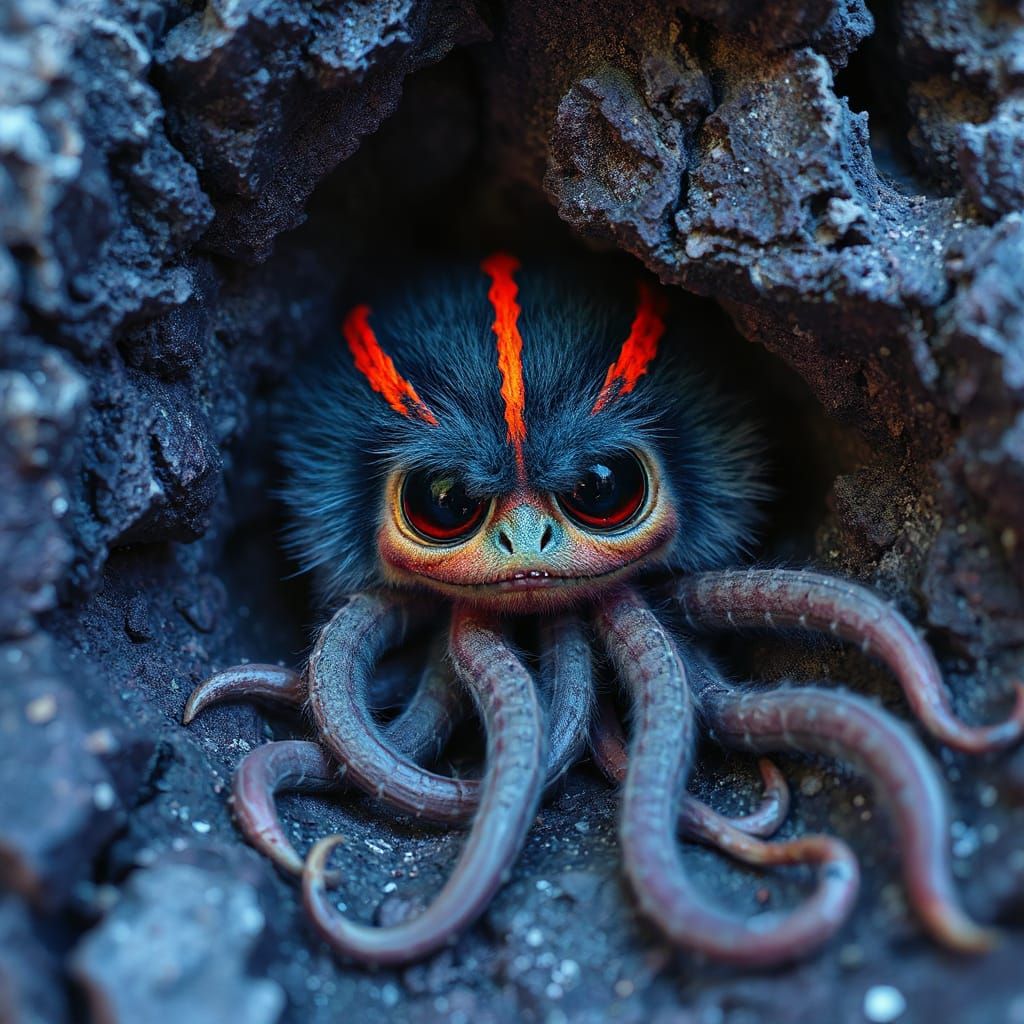 Neon Furry Creature with Tentacles in Rock