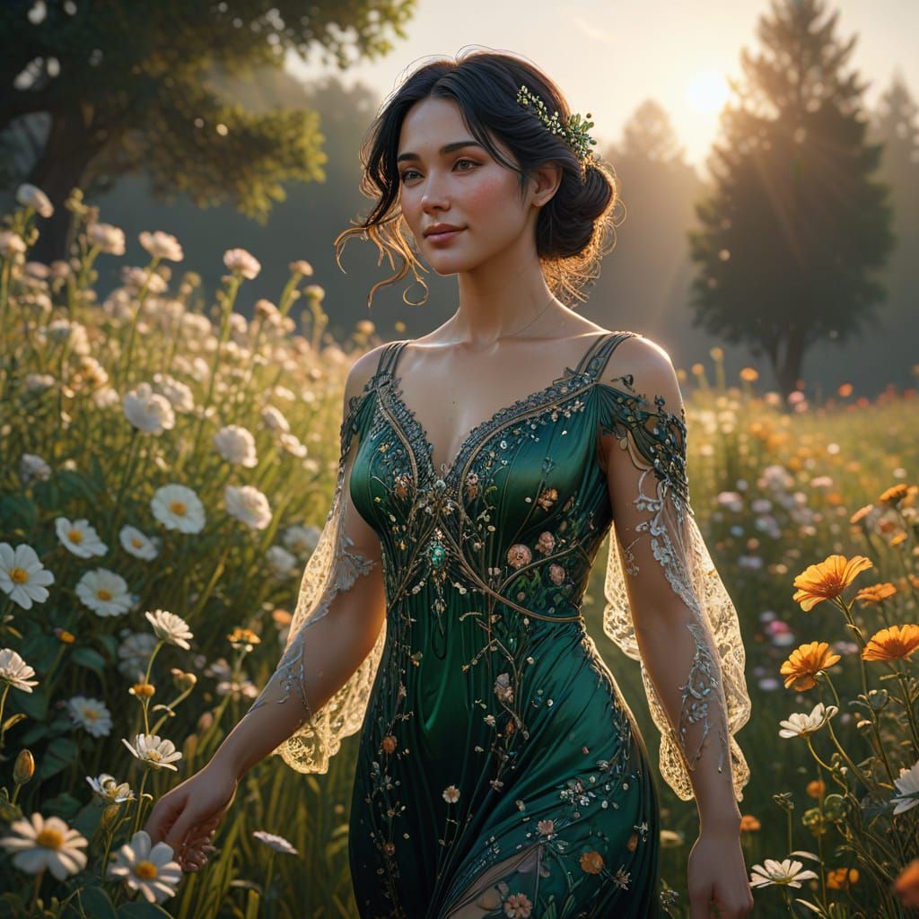 Ethereal Art Nouveau Woman in Flower Field at Sunrise