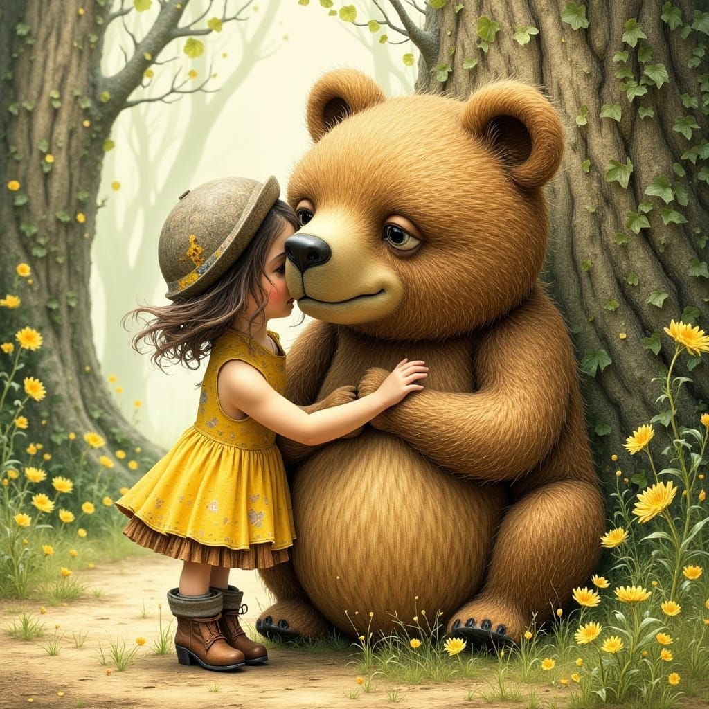 Girl and Bear in Whimsical Forest