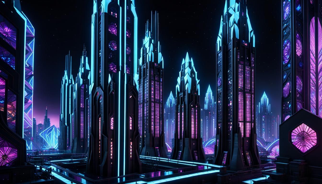 Neon Fractal Crystal City in Retrofuturistic Art Styles