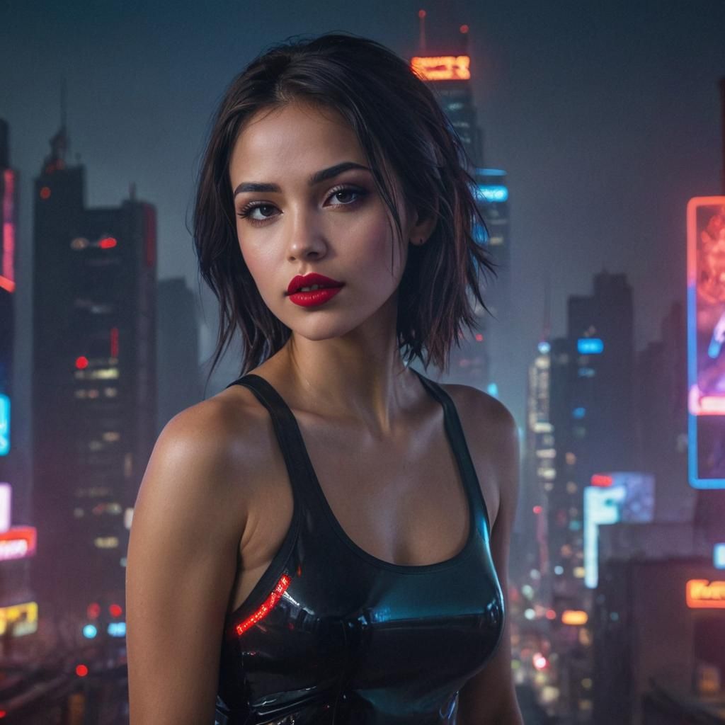 Latin Heroine in Neon Cityscape: Digital Art