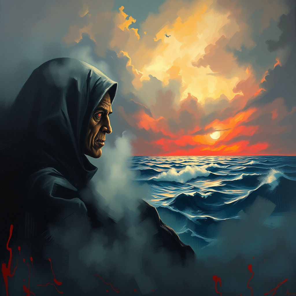 Mysterious Figure Observes Stormy Sea in Dark Surrealism