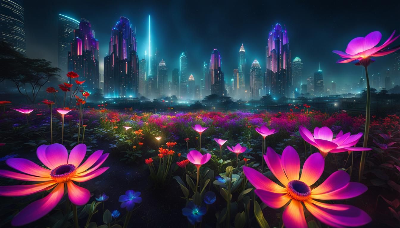 Glowing Alien Flower Garden in Post-Apocalyptic City