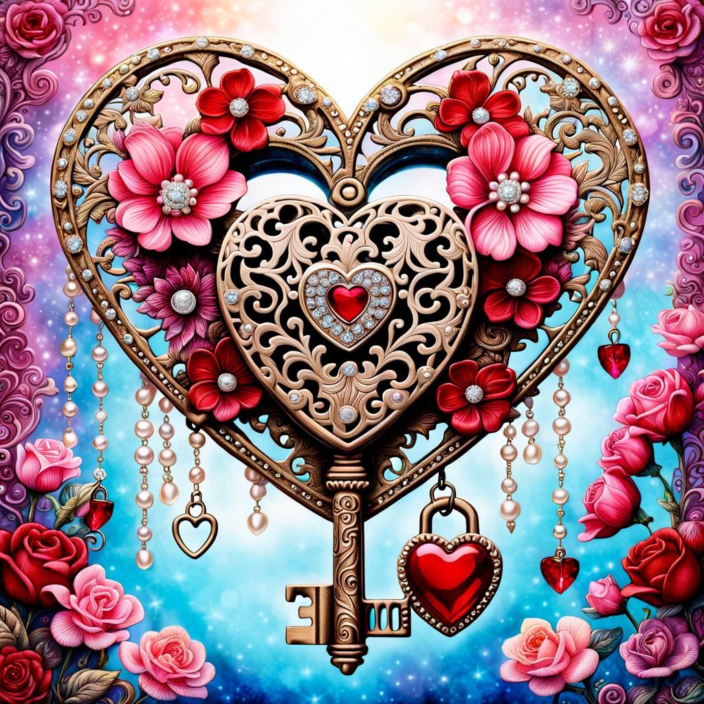 Ornate Key and Heart Lock with Flowers