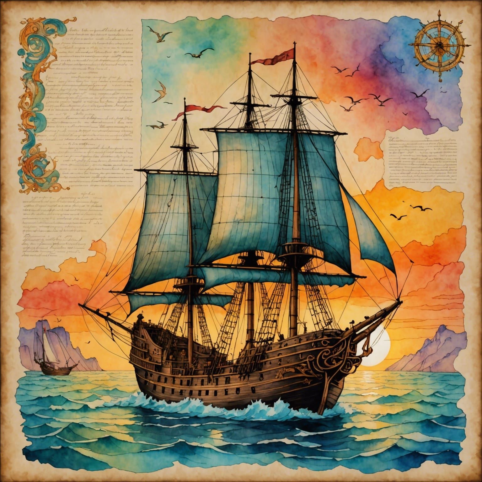 Oriental Sailing Ship Sunset in Fairytale Nautical Chart Sty...