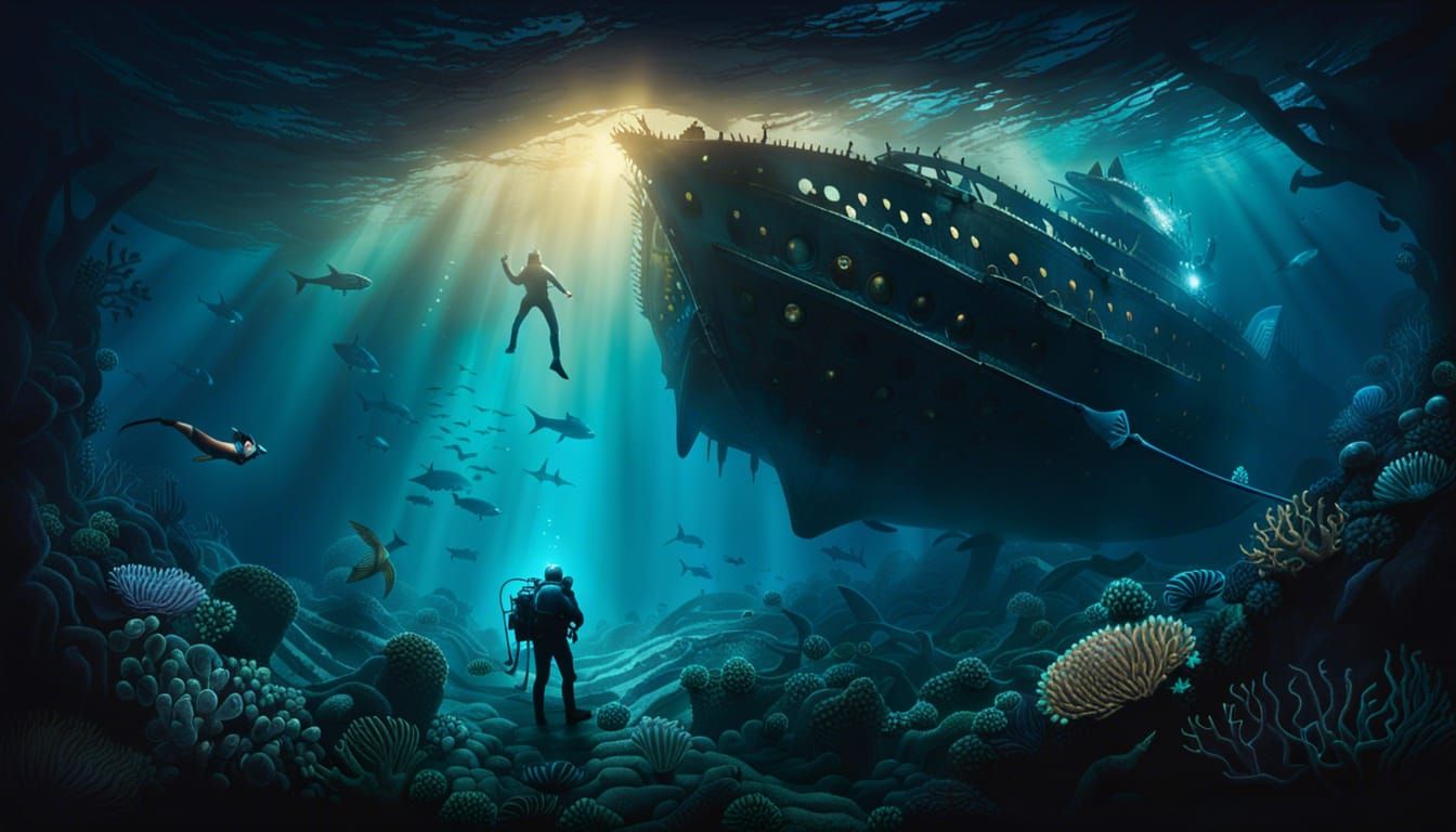 Bioluminescent Deep Ocean Trench with Sunken Ship