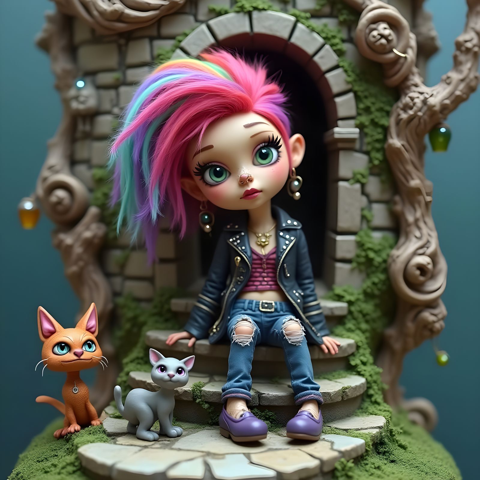 Whimsical Punk Cat Lady on Castle Steps