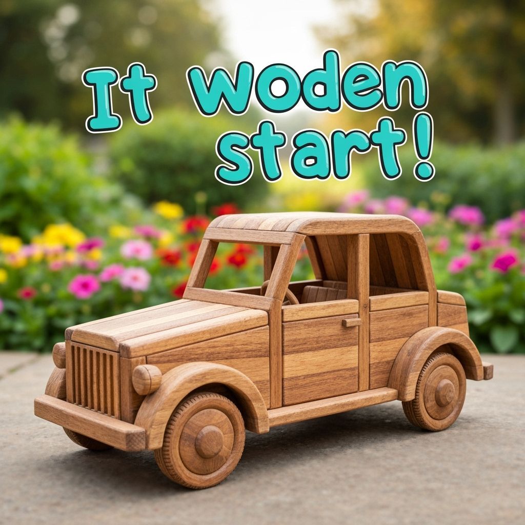 Hand-Crafted Wooden Car with Funny Text