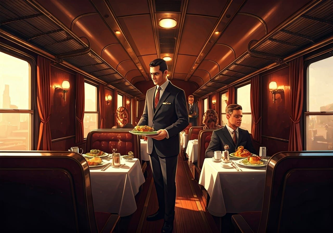 Vintage Train Diner Car in Retro-Futuristic Style
